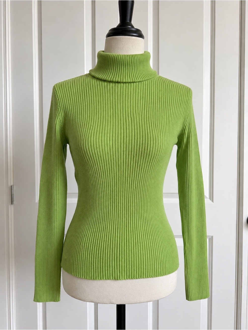 Lime Green Ribbed Turtleneck Sweater Y2K Stretch Knit Top M/L